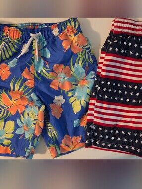 Lot Of 2- Place Sport Boy's Blue Tropical & Patriotic Swim Shorts 10-12 L